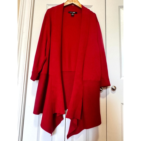 89th & Madison Sweaters - 89th & Madison Red Open Front Cardigan Ribbed Draped Hem 3/4 Sleeve Plus Size 3X